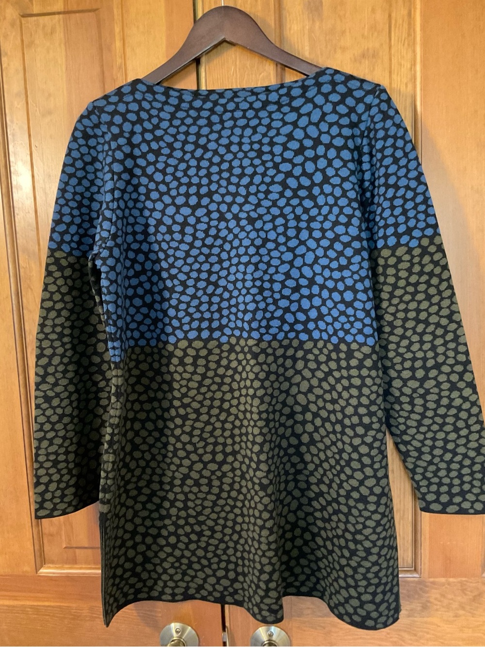 OLEANA NWOT Scandinavian Silk & Wool Patterned Tunic Sweater in Blue and Olive.